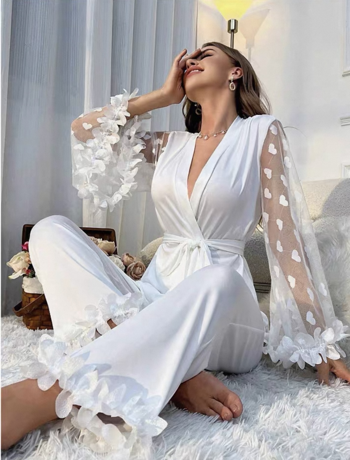 Women sexy lace mesh long sleeved + long pants pajama